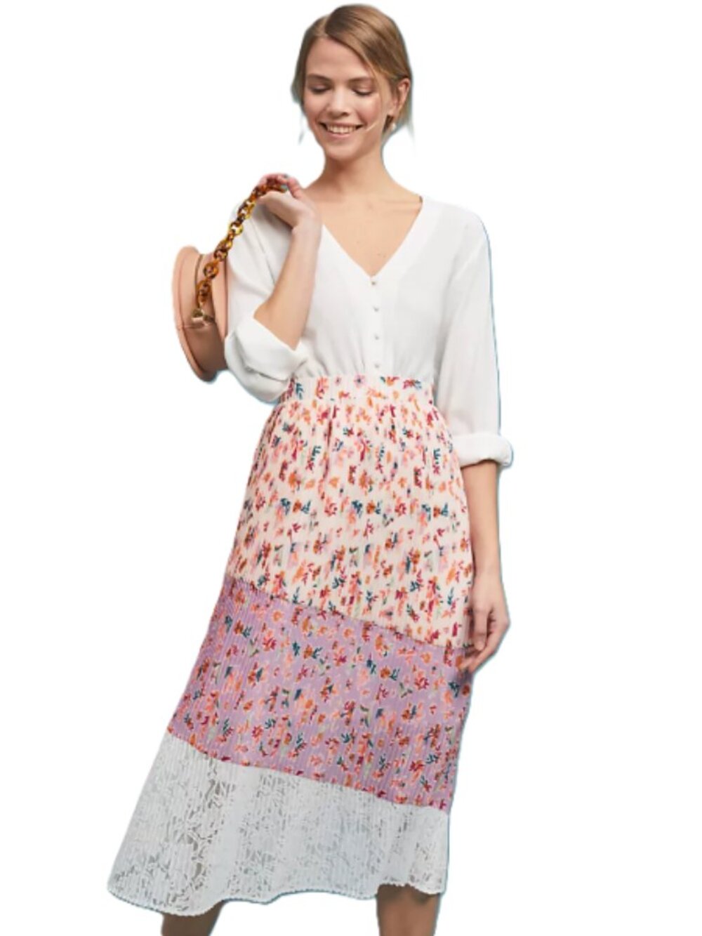 Anthropologie LAIA Pleated Floral Midi Skirt Lace Romantic Feminine Size Small